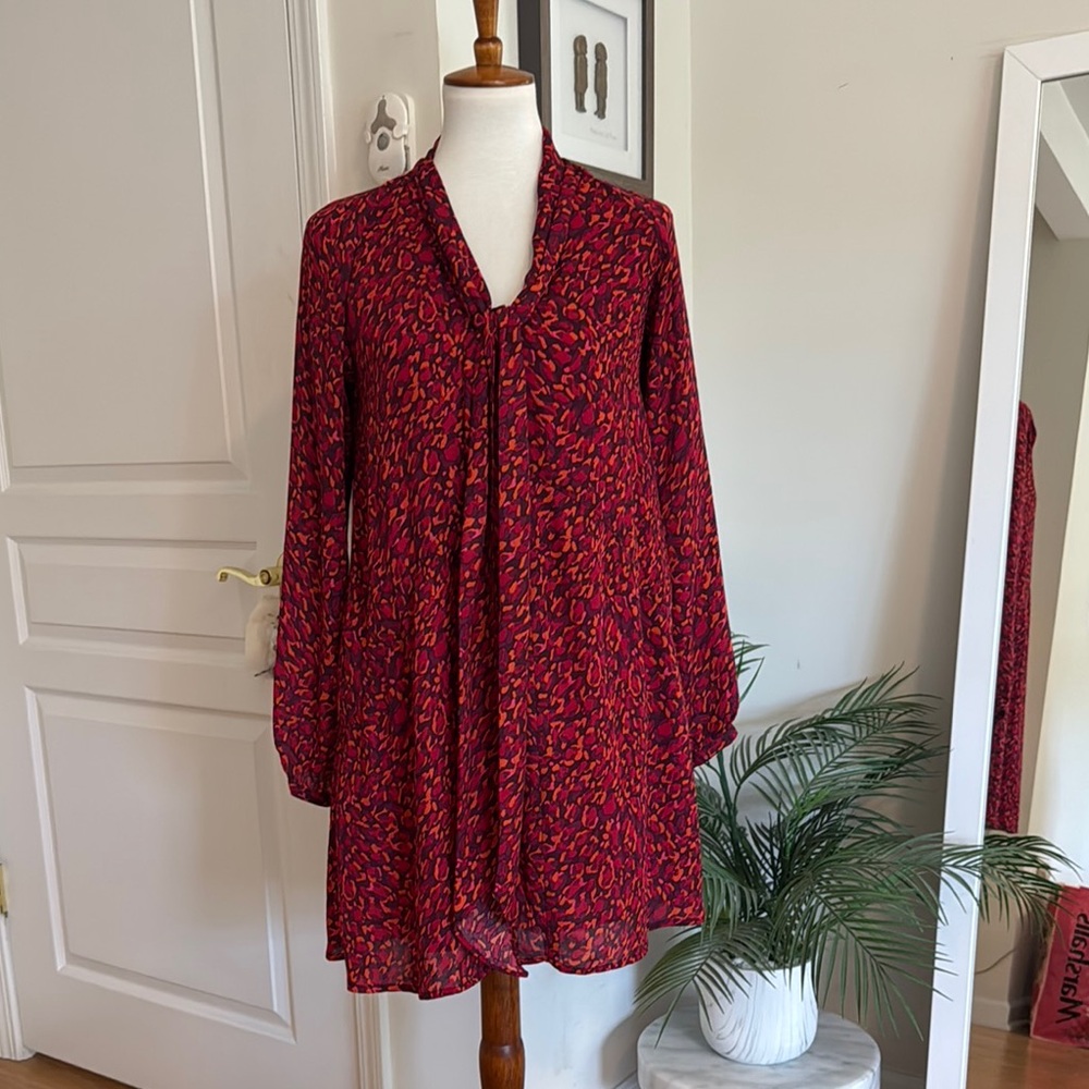 LOFT Red and Pink Printed Long Sleeve Dress